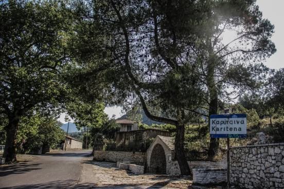 Τοπίο στην είσοδο του χωριού Καρύταινας ανάμεσα στα δέντρα.